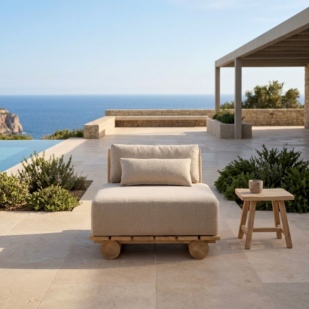 Fauteuil d'extérieur SIENNA en bois recyclé installé sur une terrasse contemporaine.